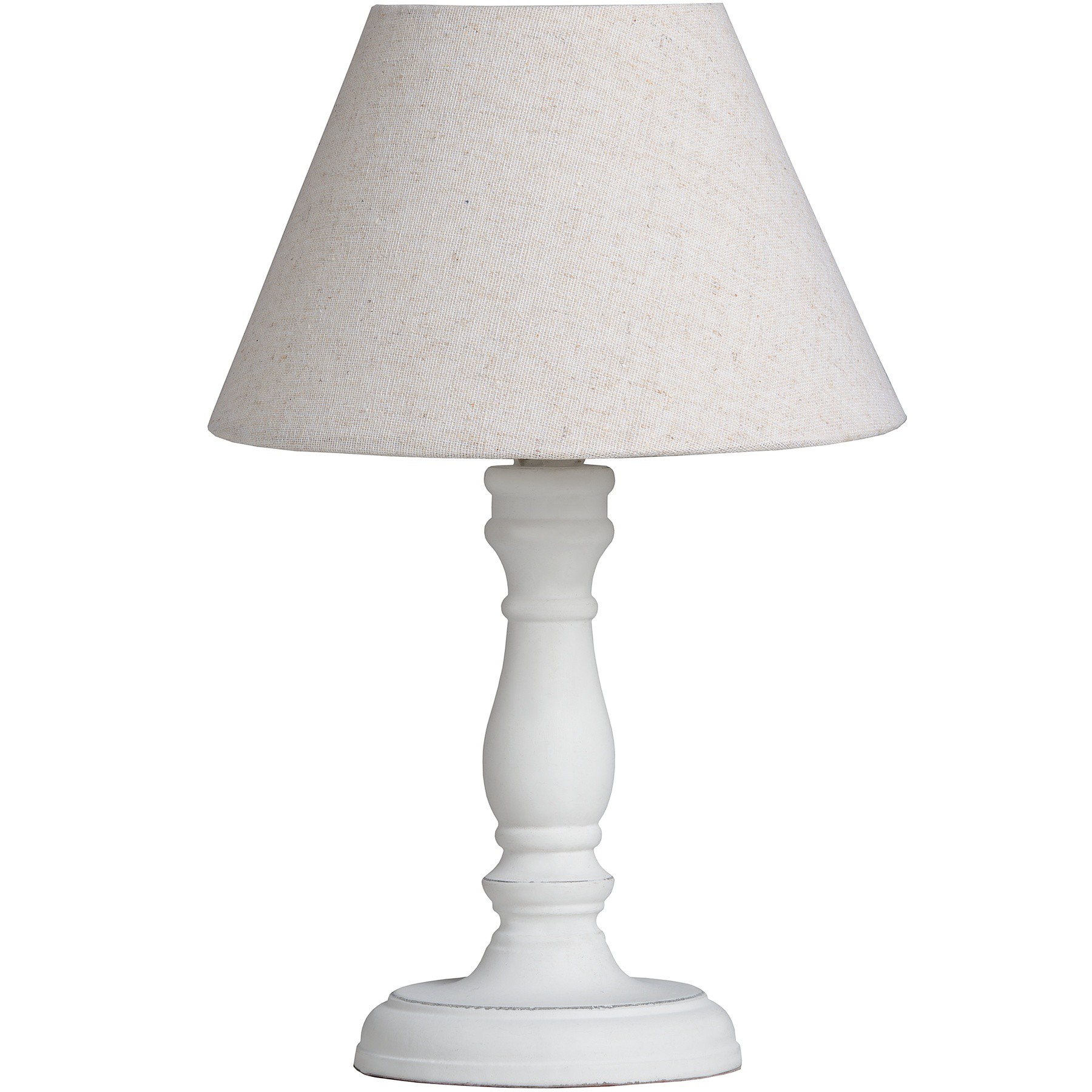 Levně Estila Provensálská bílá noční lampa CYRENE s dřevěnou vyřezávanou podstavou a lněným stínítkem 30cm