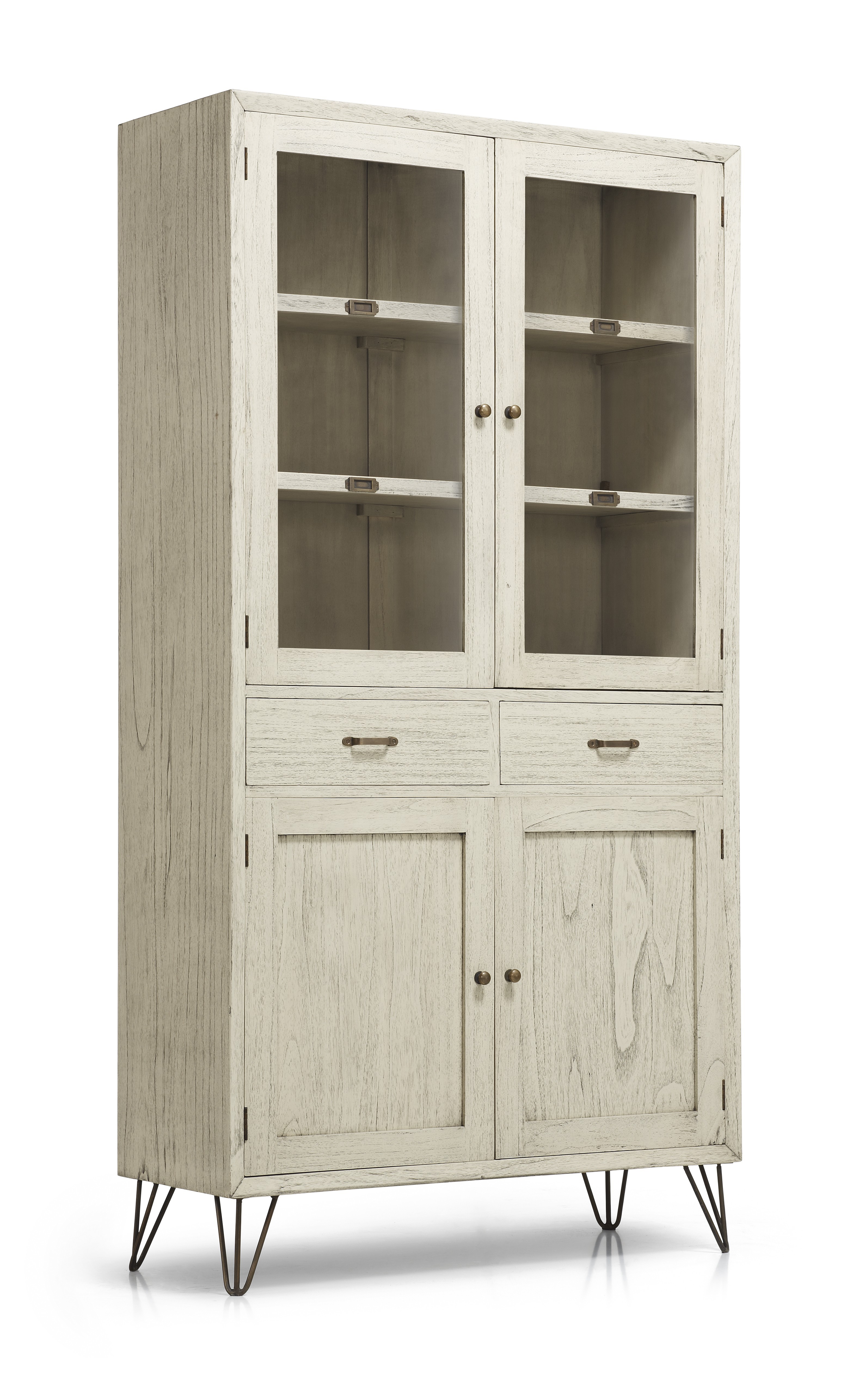 Levně Estila Bílá vitrína Muria v retro stylu ze dřeva mindi se dvěma zásuvkami a prosklenými dveřmi
