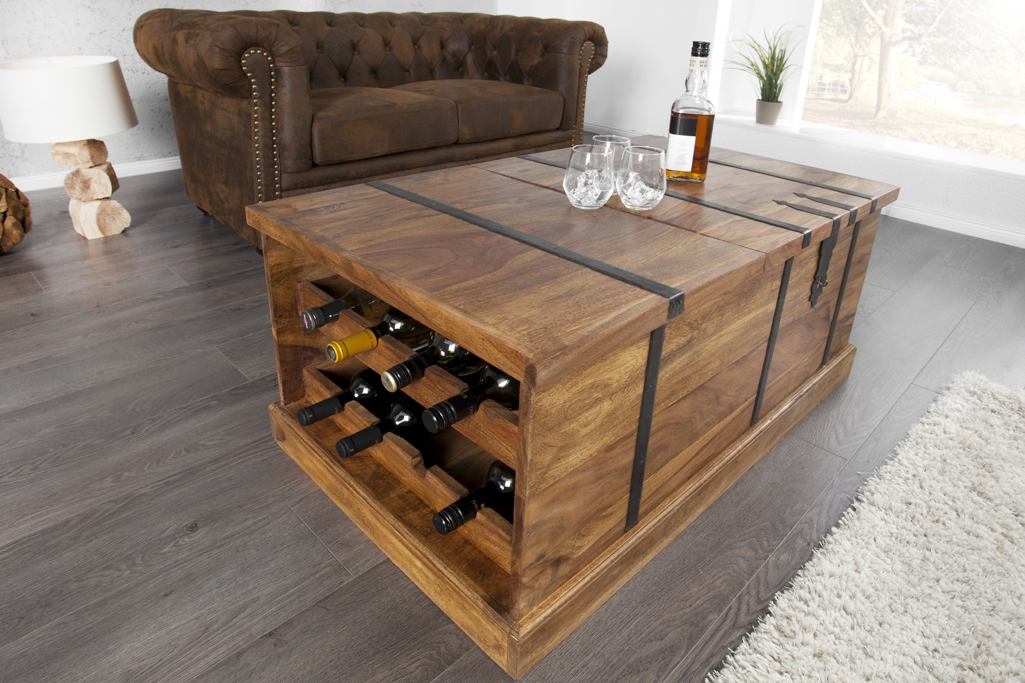 Estila Designový konferenční stolek z masivu s barem na víno 100cm