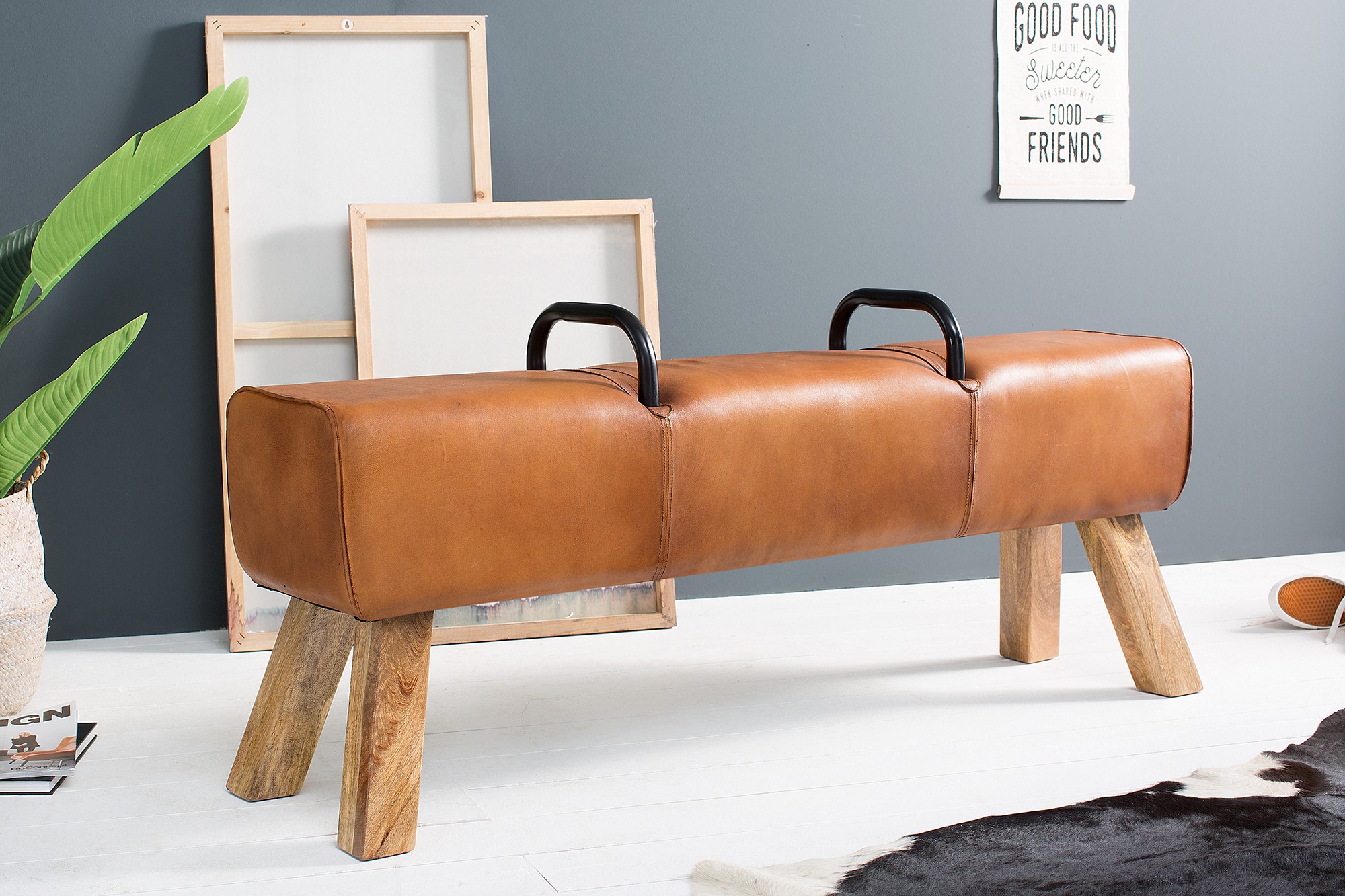 Levně Estila Designová luxusní lavice Bock Kult z pravé kůže 134cm