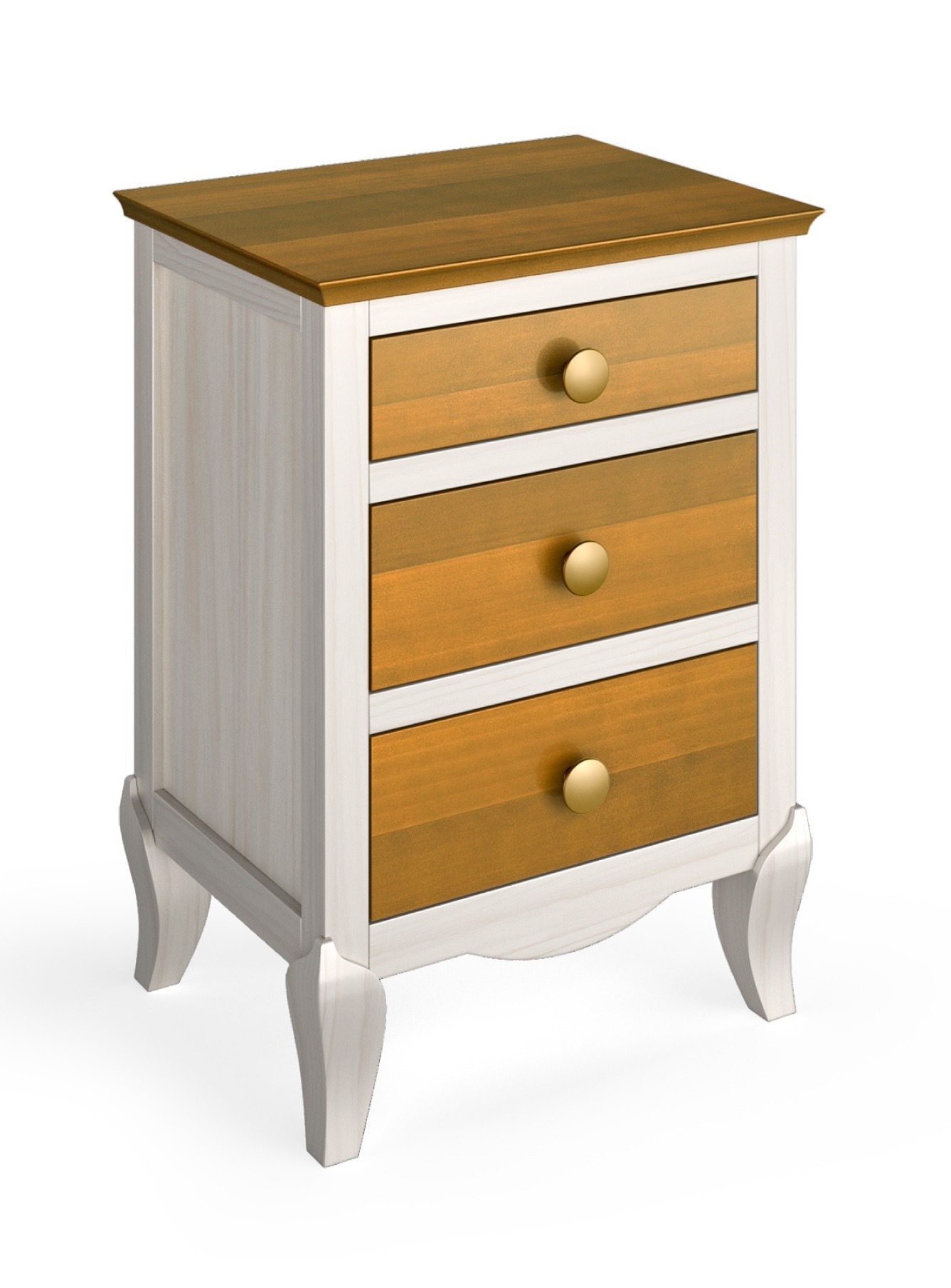 Estila Elegantní noční stolek Basilea z dřevěného masivu se třemi šuplíky a zaoblenými nožičkami 70cm