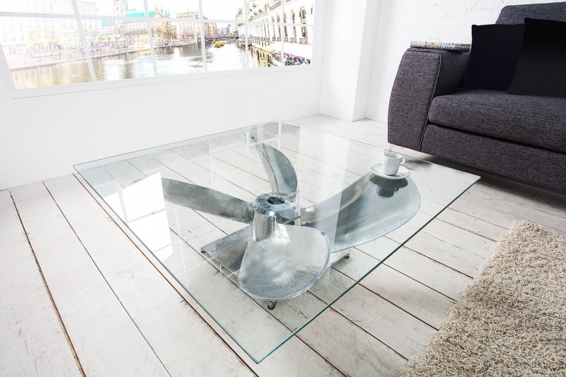 Levně Estila Stylový konferenční stolek Helic I ve tvaru lodního šroubu v stříbrném provedení 85cm