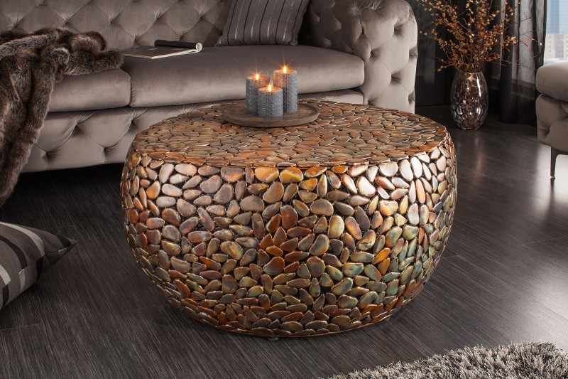 Levně Estila Industriální kulatý konferenční stolek Riverstone z kovu měděné barvy 72 cm