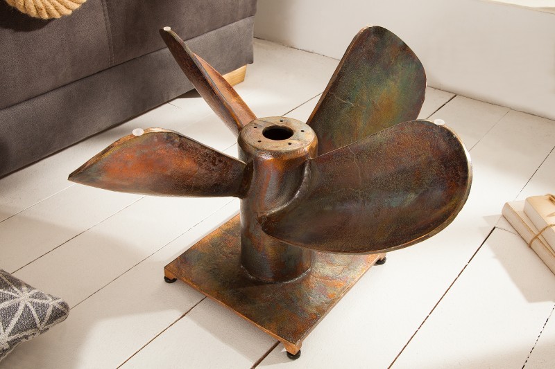 Levně Estila Koloniální bronzový konferenční stolek Helic II ve tvaru lodního šroubu s kulatou deskou ze skla 60cm