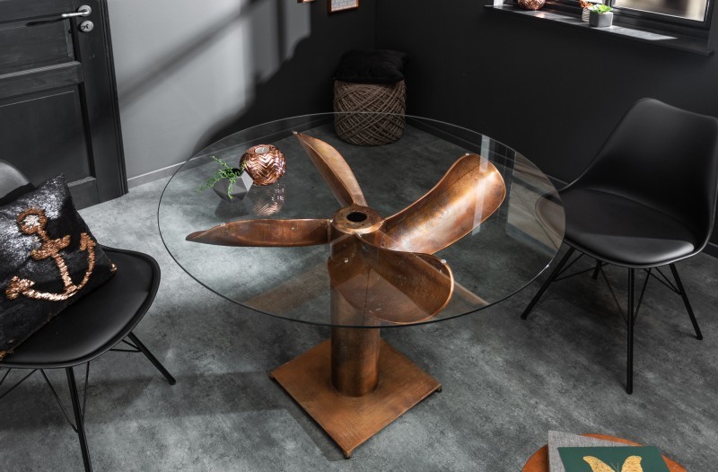 Levně Estila Industriální bronzový jídelní stůl Helic ve tvaru lodního šroubu s kulatou deskou ze skla 94cm