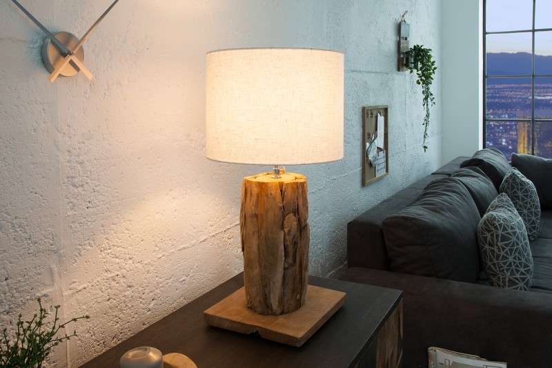 Estila Koloniální dřevěná stolní lampa Pole II s polohovatelným lněným stínítkem v naturální bílé barvě 59-70cm