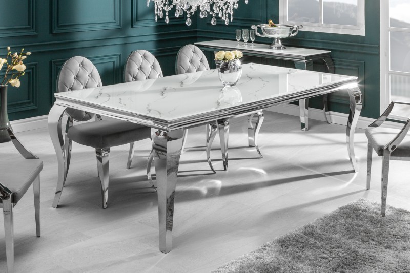 Estila Luxusní skleněný mramorový jídelní stůl Modern Barock s chromovými nohami v barokním stylu 180cm