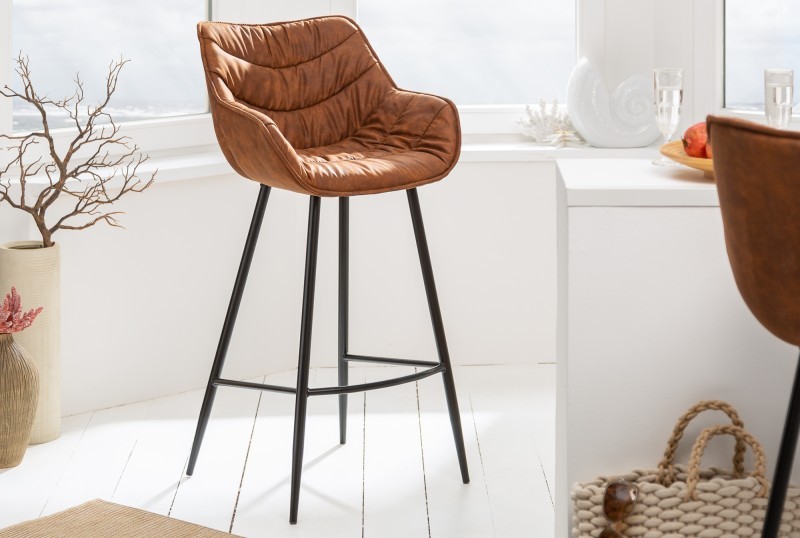 Levně Estila Retro barová židle Ima s hnědým čalouněním na černé konstrukci 104cm