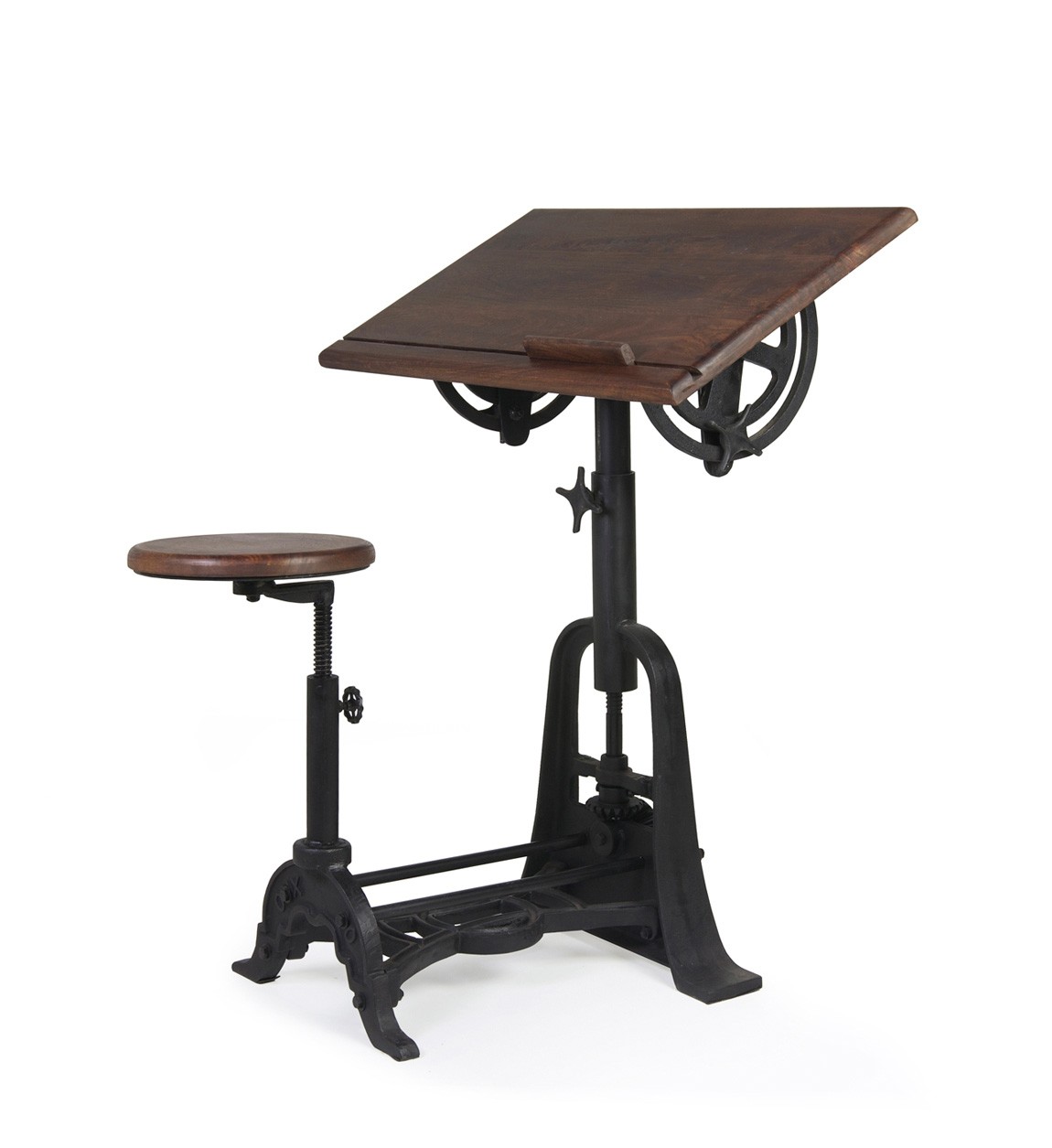 Levně Estila Industriální designový rýsovací stůl s taburetem HIERRO z masivního mangového dřeva s kovovou konstrukcí 80cm