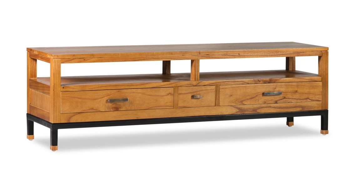 Levně Estila Koloniální TV stolek Madhu z masivního dřeva Mindi se zásuvkami a poličkami 150cm