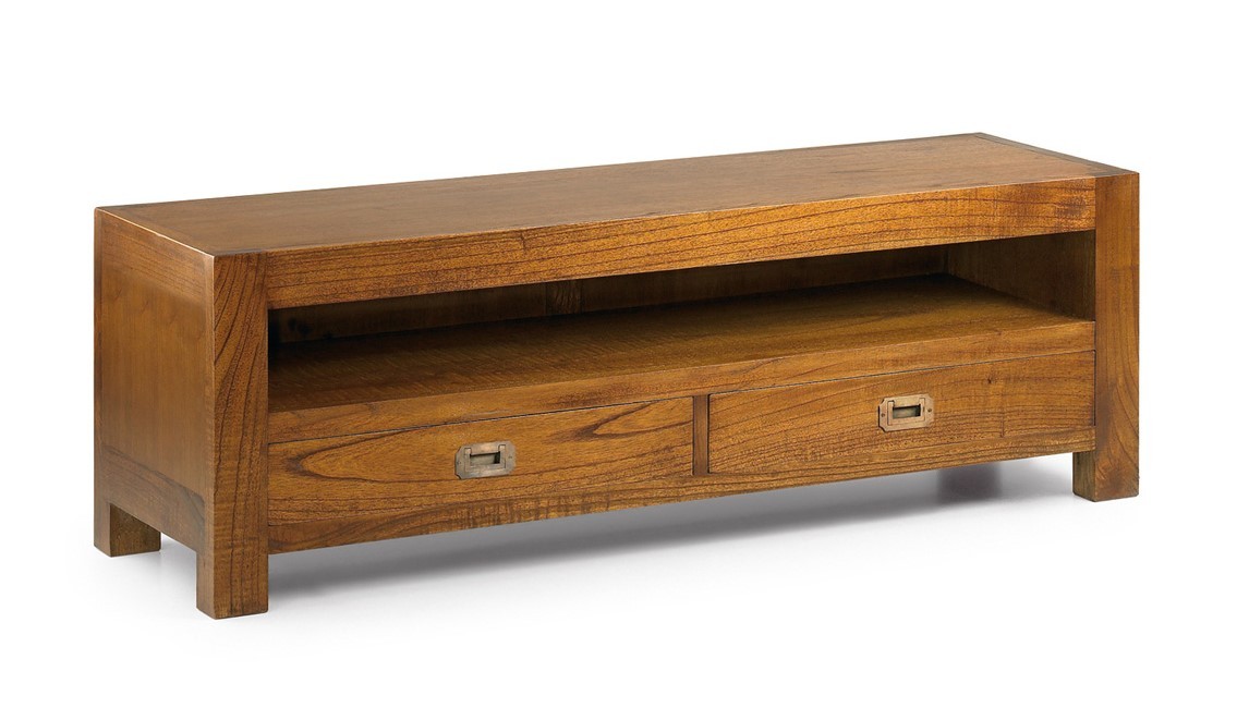 Levně Estila Designový TV stolek z masivního dřeva Star se dvěma zásuvkami a poličkou 130cm