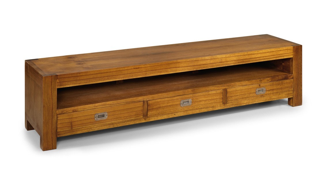 Levně Estila Designový dřevěný TV stolek z masivního dřeva Star se třemi zásuvkami 190cm