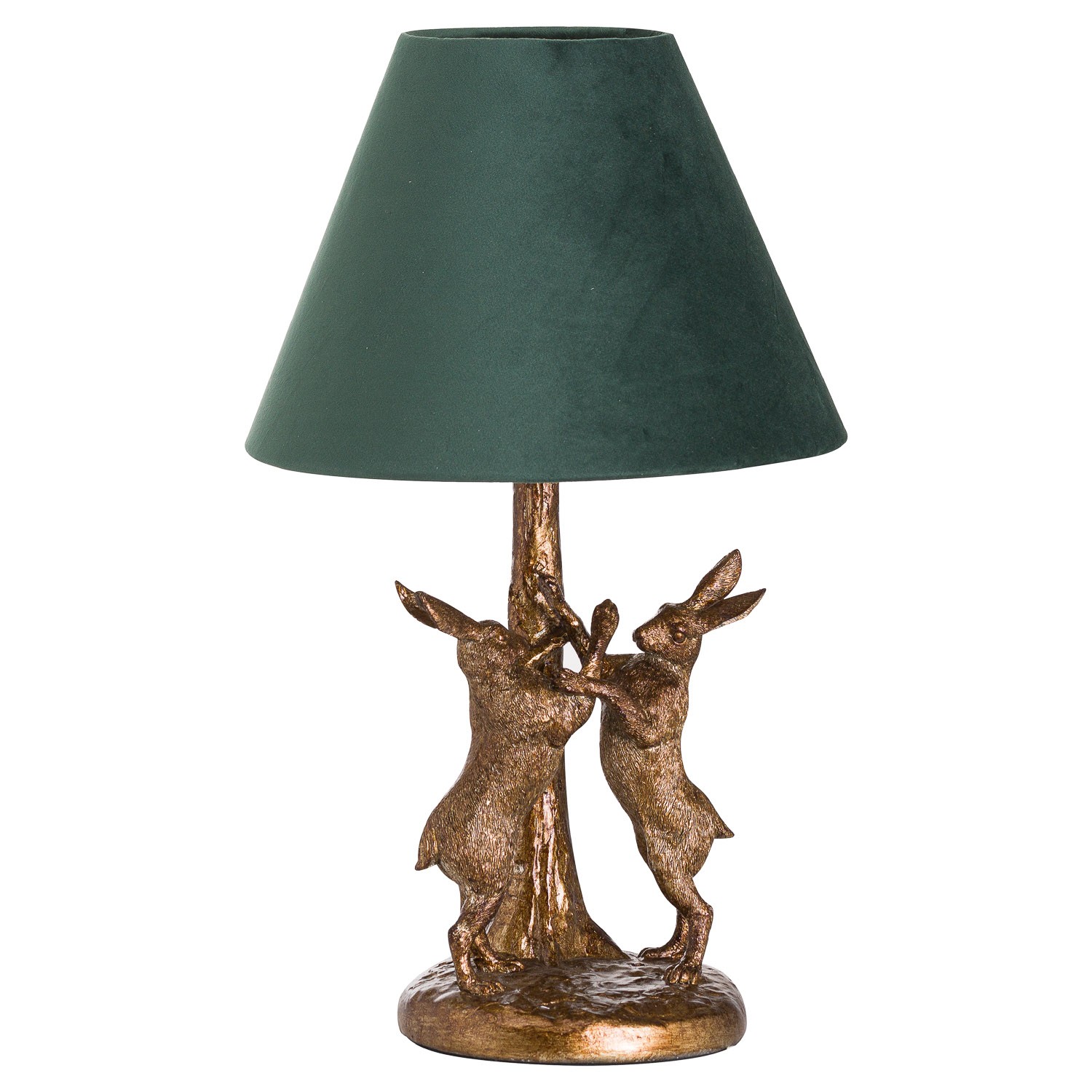 Estila Designová stolní lampa Liebre se zlatým podstavcem se zajíci as tmavozeleným stínítkem 48cm