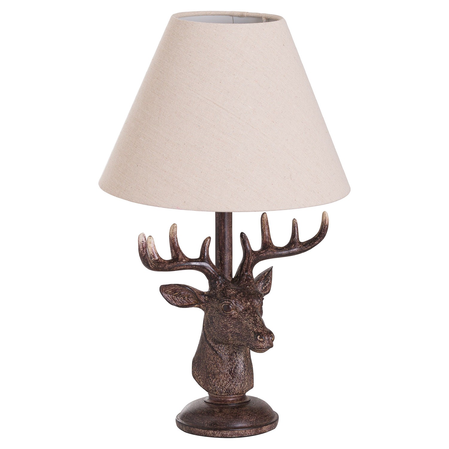 Levně Estila Venkovská hnědá stolní lampa Cervato ve tvaru jelena s bledým textilním stínítkem 48cm