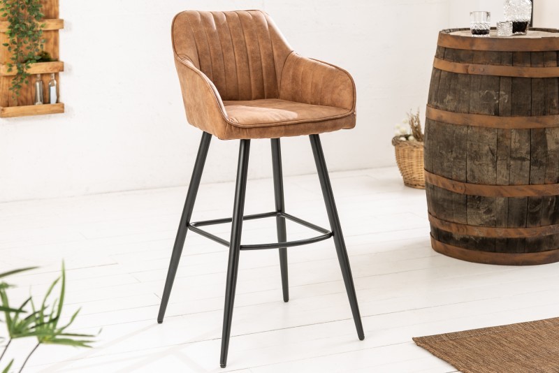 Levně Estila Moderní barová židle Vittel z mikrovlákna hnědé barvy s černými kovovými nohami 102cm