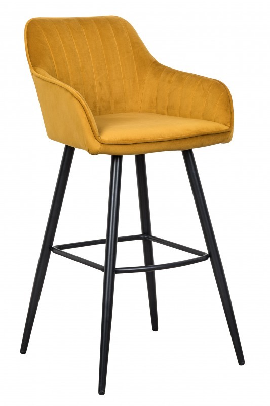Levně Estila Moderní barová židle Vittel ze sametu ve žluté barvě s černými kovovými nohami 102cm