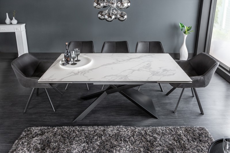 Estila Moderní rozkládací bílo-šedý mramorový jídelní stůl Marmol s asymetrickými kovovými nohami 260cm