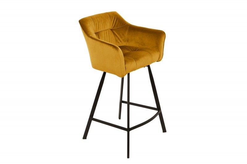 Levně Estila Moderní sametová žlutá barová židle Garret s černou kovovou konstrukcí 100cm