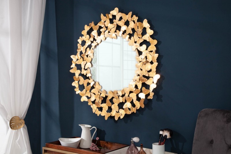 Levně Estila Art-deco nadčasové kulaté nástěnné zrcadlo Papillon v rámu zlaté barvy 78cm