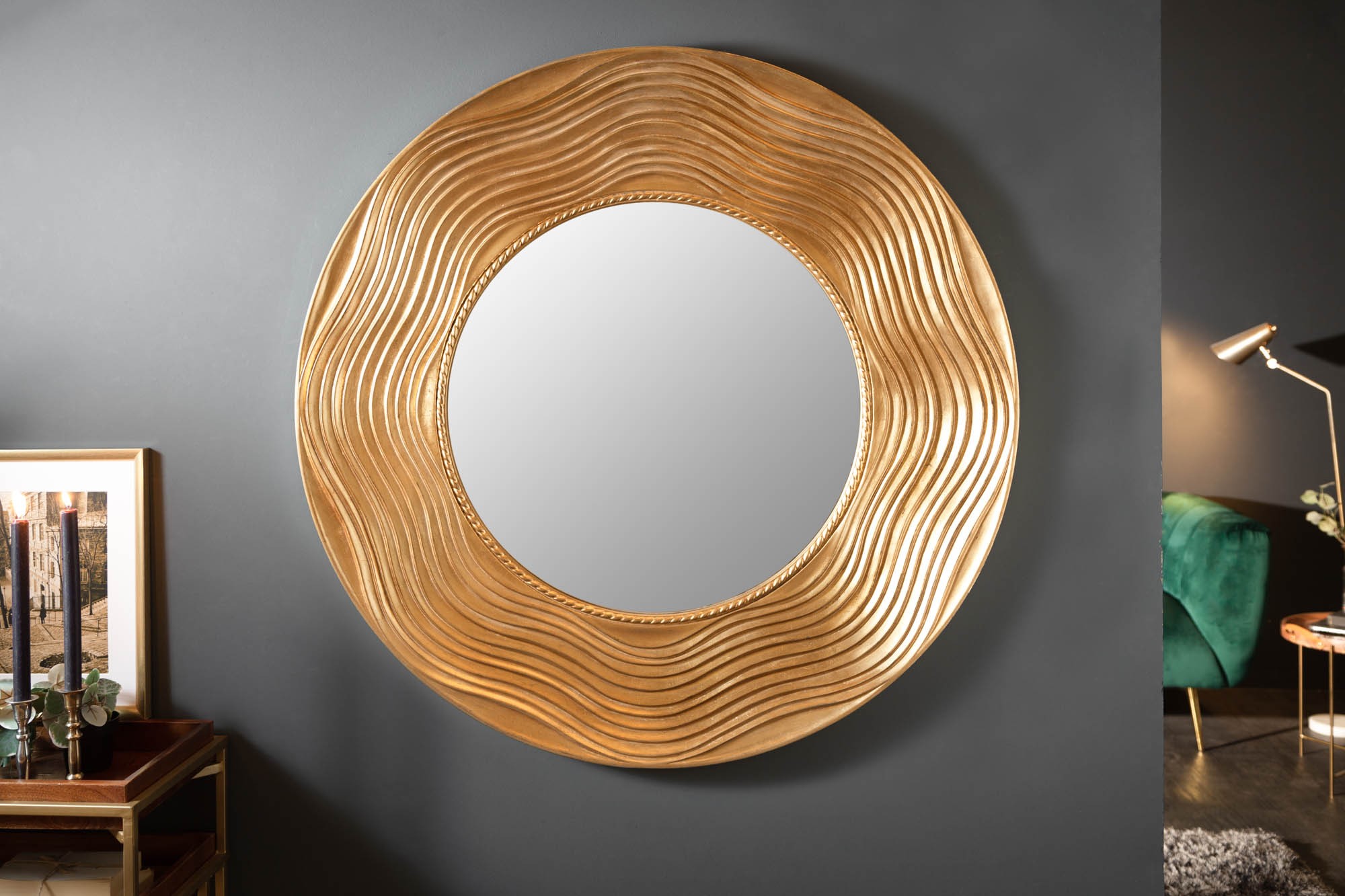 Levně Estila Art-deco designové kulaté nástěnné zrcadlo Reondel v rámu zlaté barvy 100cm