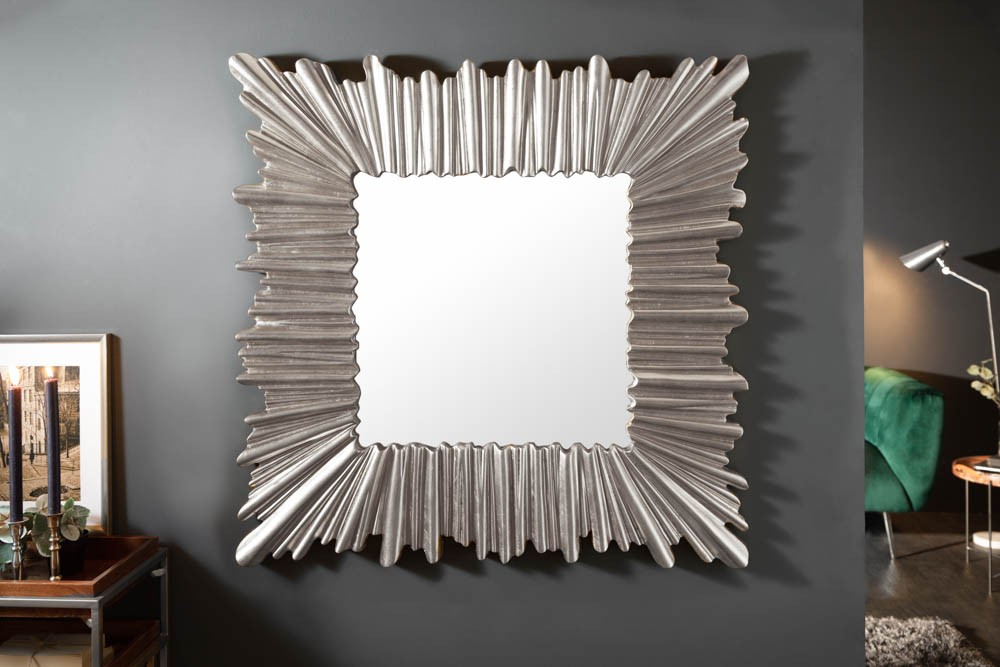 Estila Art-deco stylové čtvercové nástěnné zrcadlo Cuadrado v tlustém rámu stříbrné barvy 96cm