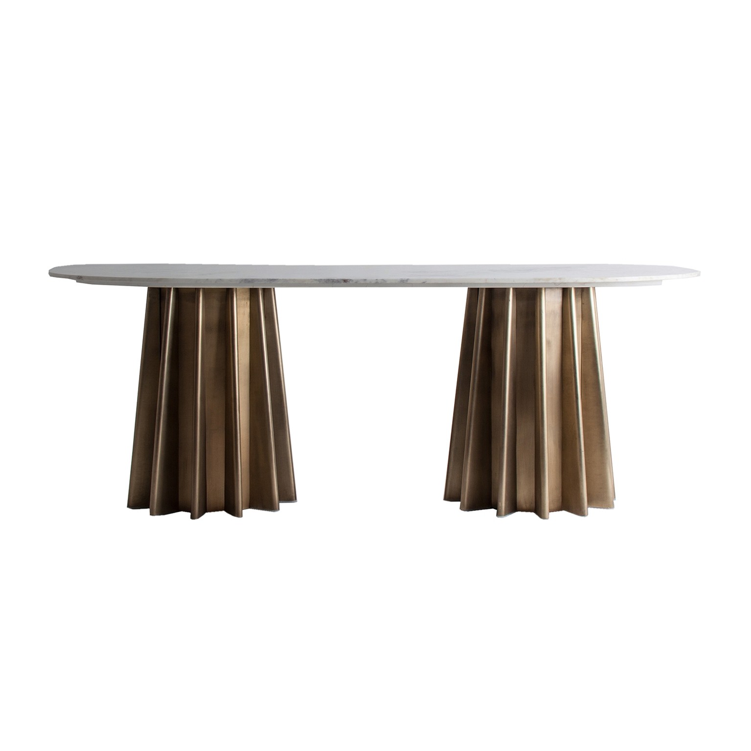 Levně Estila Art-deco zlatý jídelní stůl Leze s oválnou mramorovou deskou v bledém odstínu 200cm