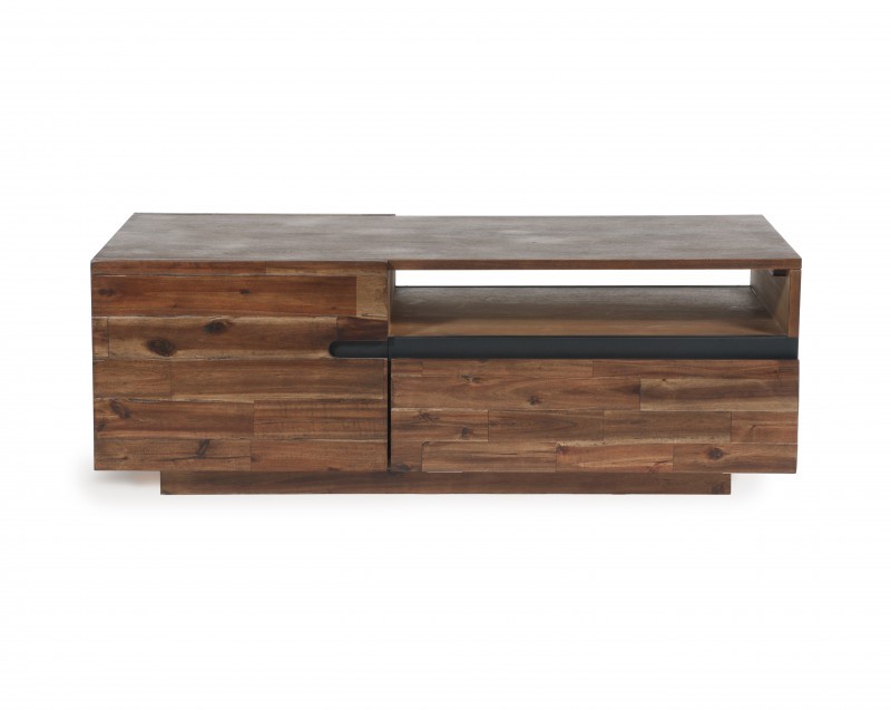 Estila Moderní konferenční stolek Alana z masivního akáciového dřeva s poličkami a dvířky 115cm