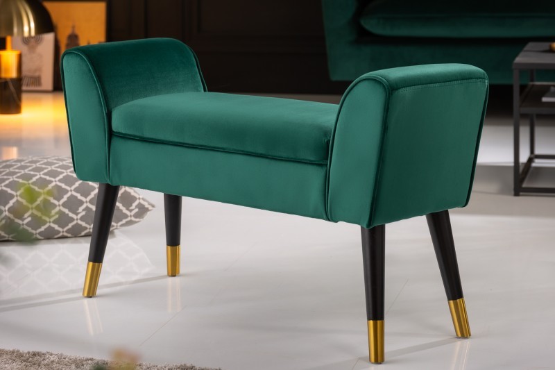 Levně Estila Art-deco stylová lavice Karen se zeleným sametovým potahem 90cm