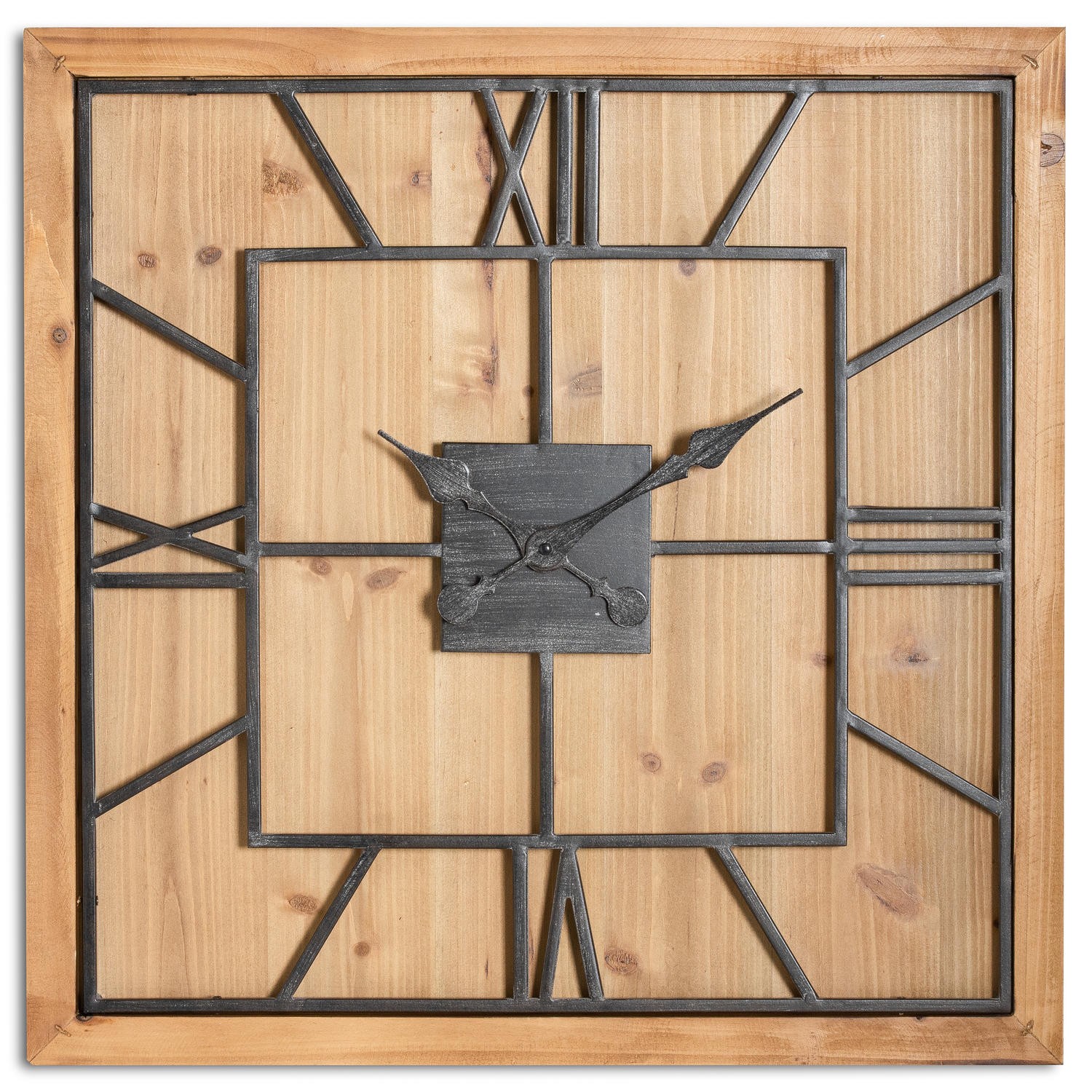 Levně Estila Industriální designové čtvercové nástěnné hodiny Faarzal na dřevěné masivní desce 60cm