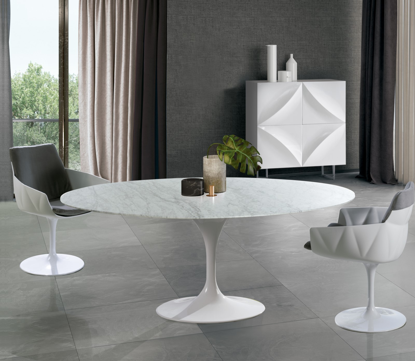 Levně Estila Luxusní kulatý jídelní stůl Henning Marble z mramoru s lesklou bílou podstavou 200cm