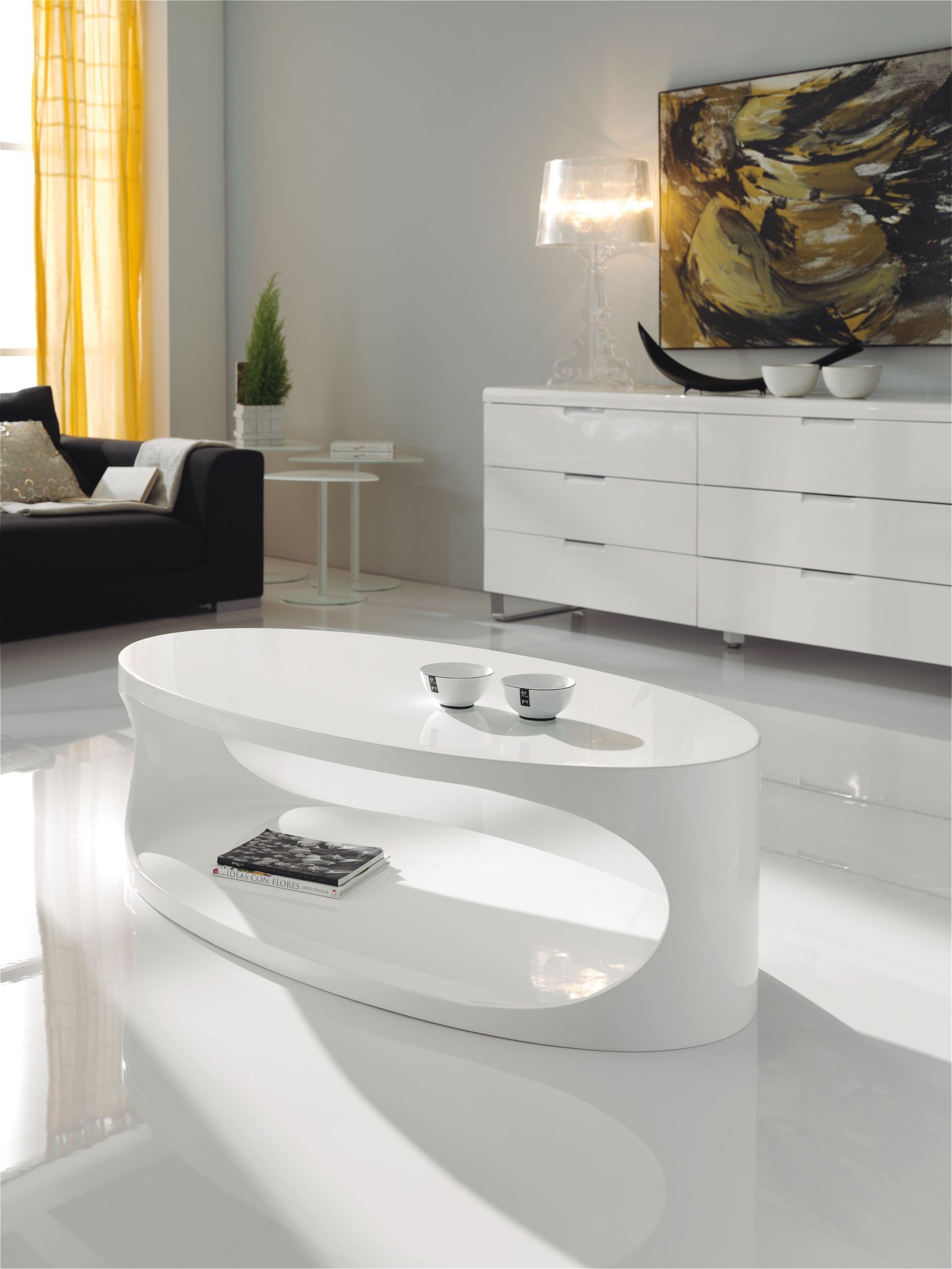 Estila Moderní lesklý konferenční stolek Danea oválného tvaru bílé barvy 120cm