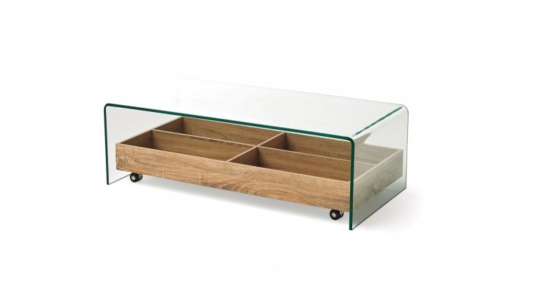Estila Moderní skleněný konferenční stolek Alize s úložným prostorem ze dřeva na kolečkách 110cm