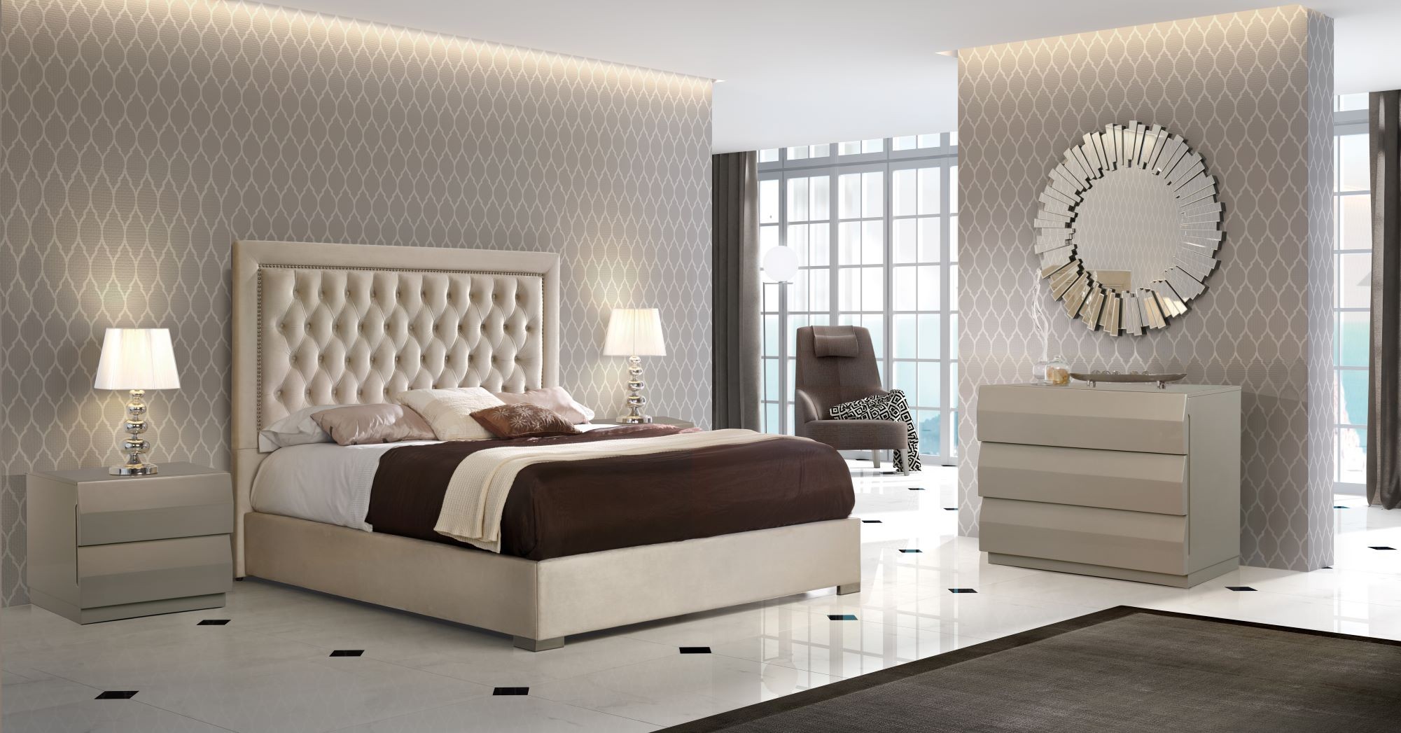 Estila Chesterfield luxusní manželská postel Adagio s čalouněním as kovovými nožičkami 150-180cm