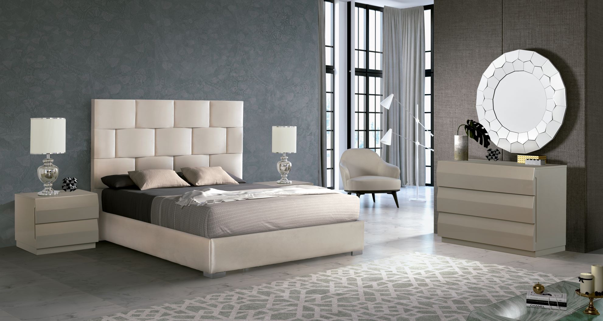 Levně Estila Moderní luxusní manželská postel Berlin s čalouněním s geometrickým vzorem v čele bílé barvy 150-180