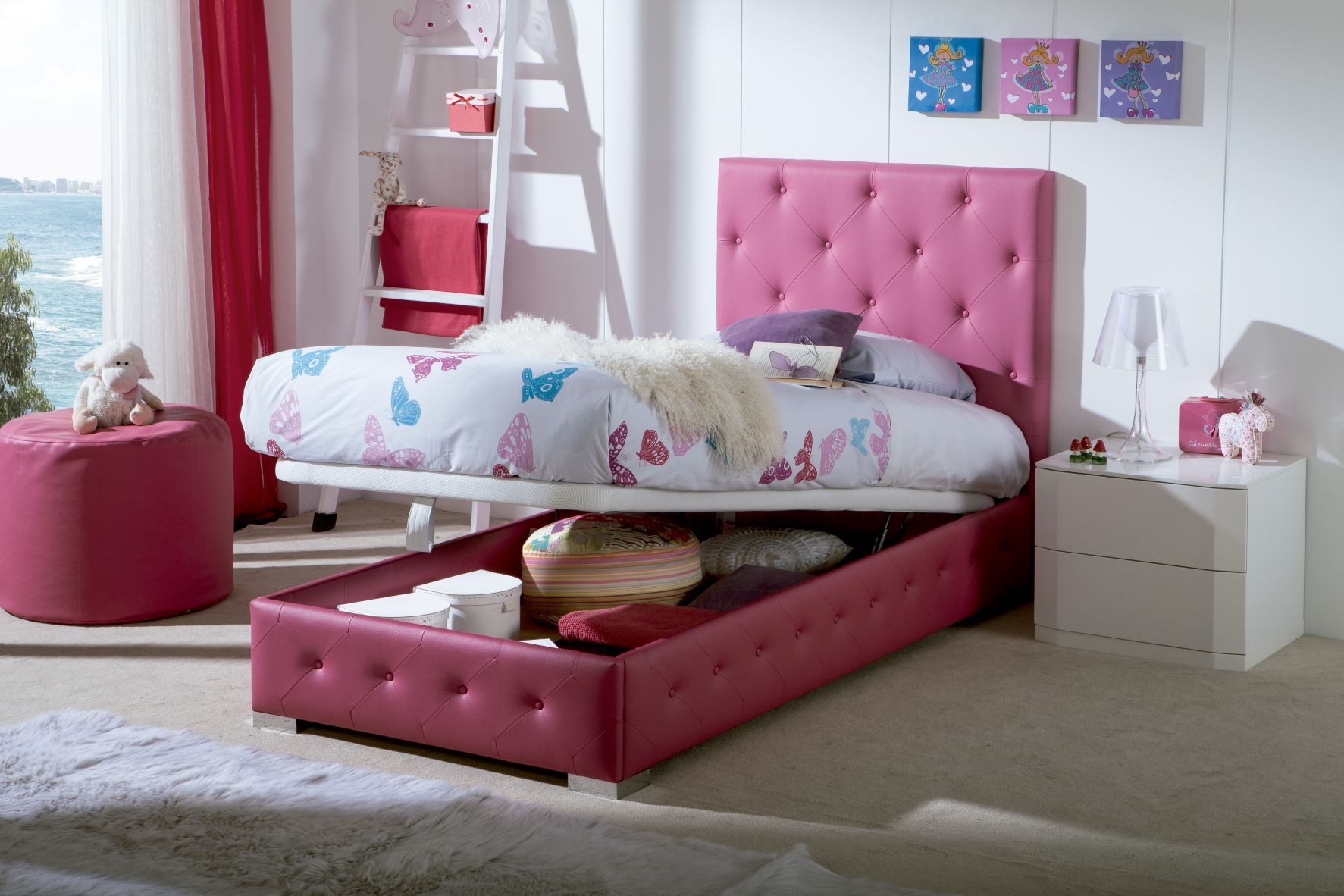 Levně Estila Moderní stylová postel Raquel s růžovým koženým potahem s chesterfield prošíváním s úložným prostorem 90-105cm