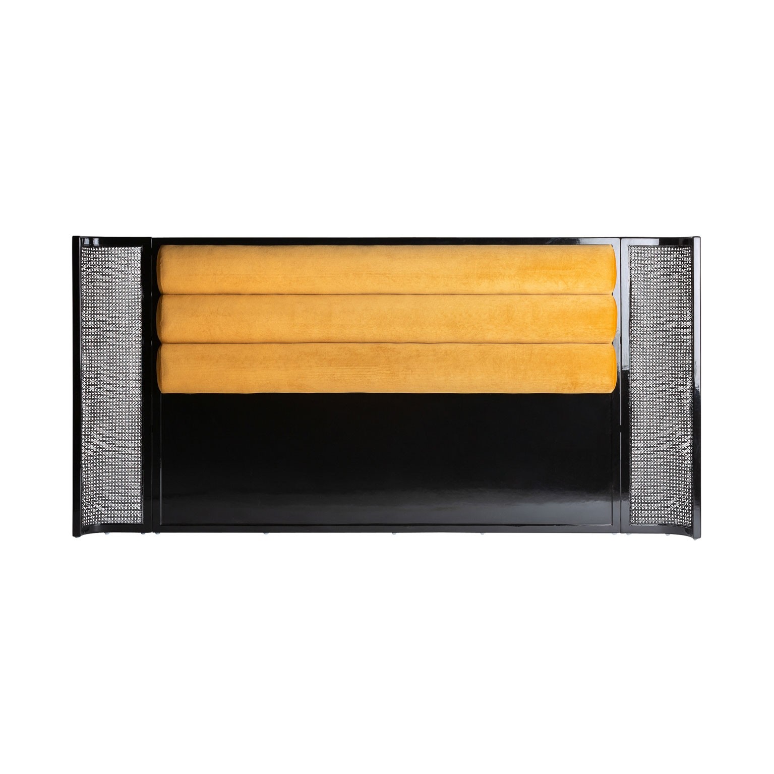 Estila Art-deco čelo postele Bellow v lesklém černém provedení s hořčicově žlutým sametovým čalouněním 224cm