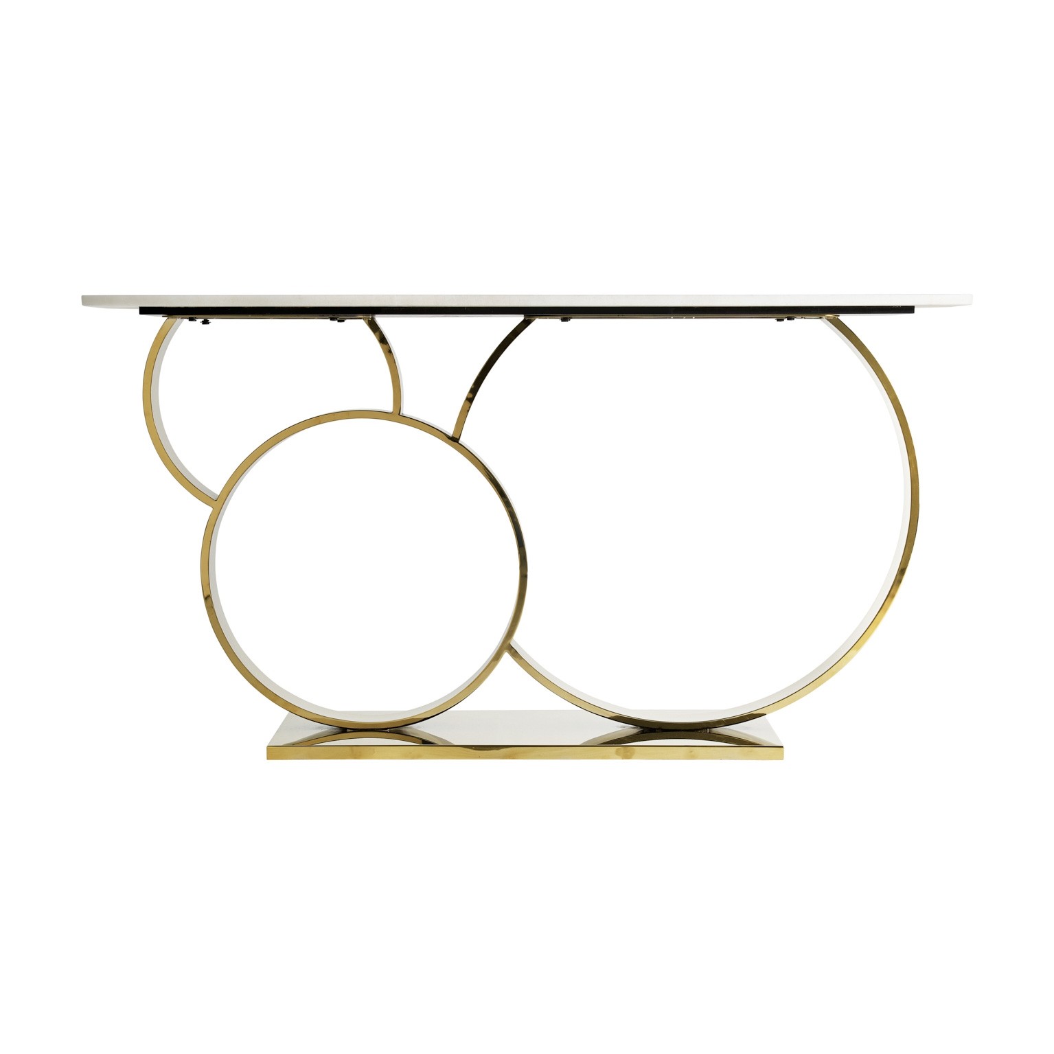 Estila Luxusní art-deco konzolový stolek Desna s bílou mramorovou vrchní deskou a kovovou zlatou podstavou ve tvaru kruhů 145cm