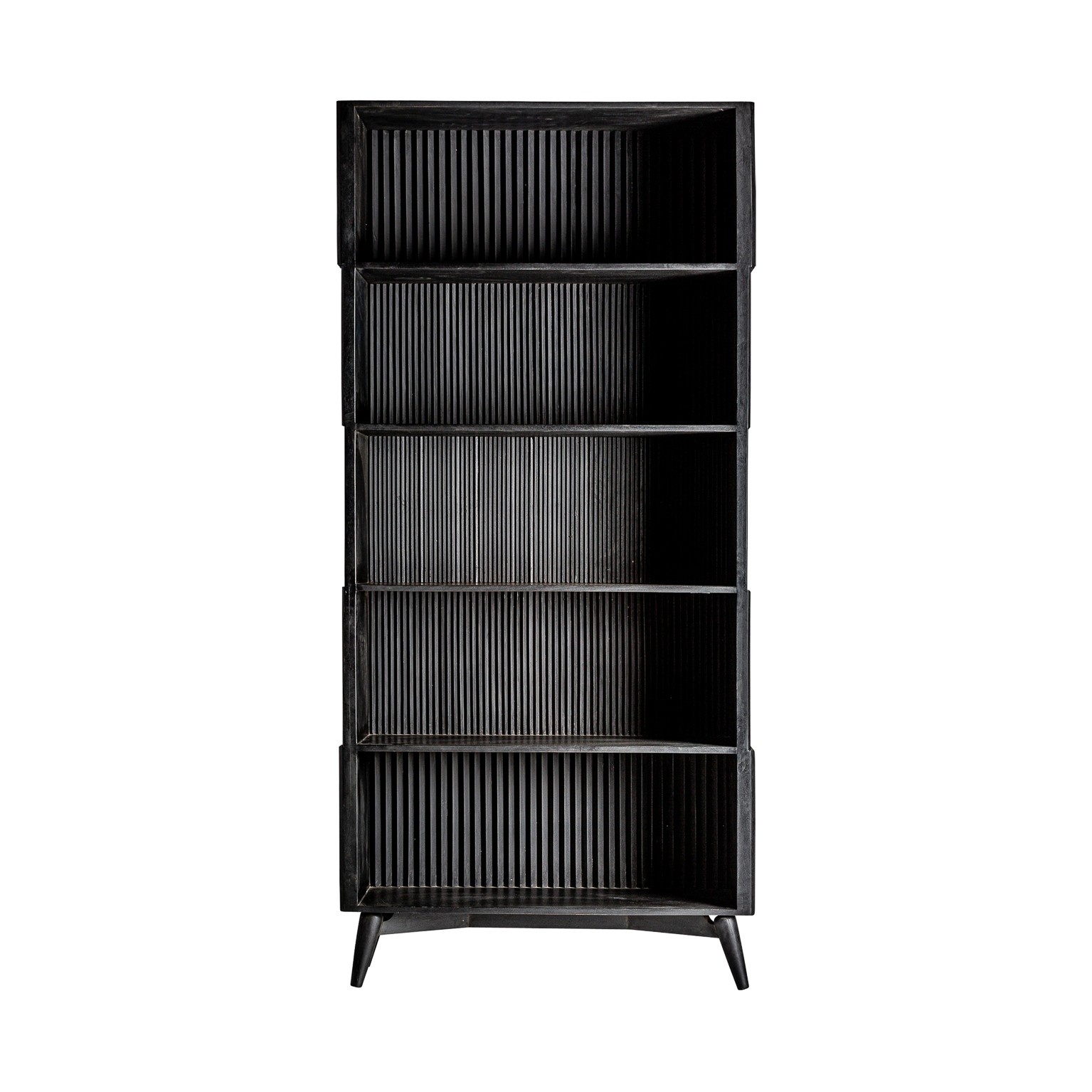 Estila Art-deco luxusní knihovna Plissé Nero z masivního dřeva v černé barvě s poličkami a mramorovou vrchní deskou 230cm