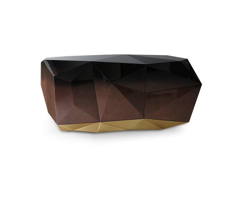 Levně Estila Luxusní moderní příborník z masivního dřeva s lesklou povrchovou úpravou a pozlacenou podstavou Diamond Chocolate 185 cm