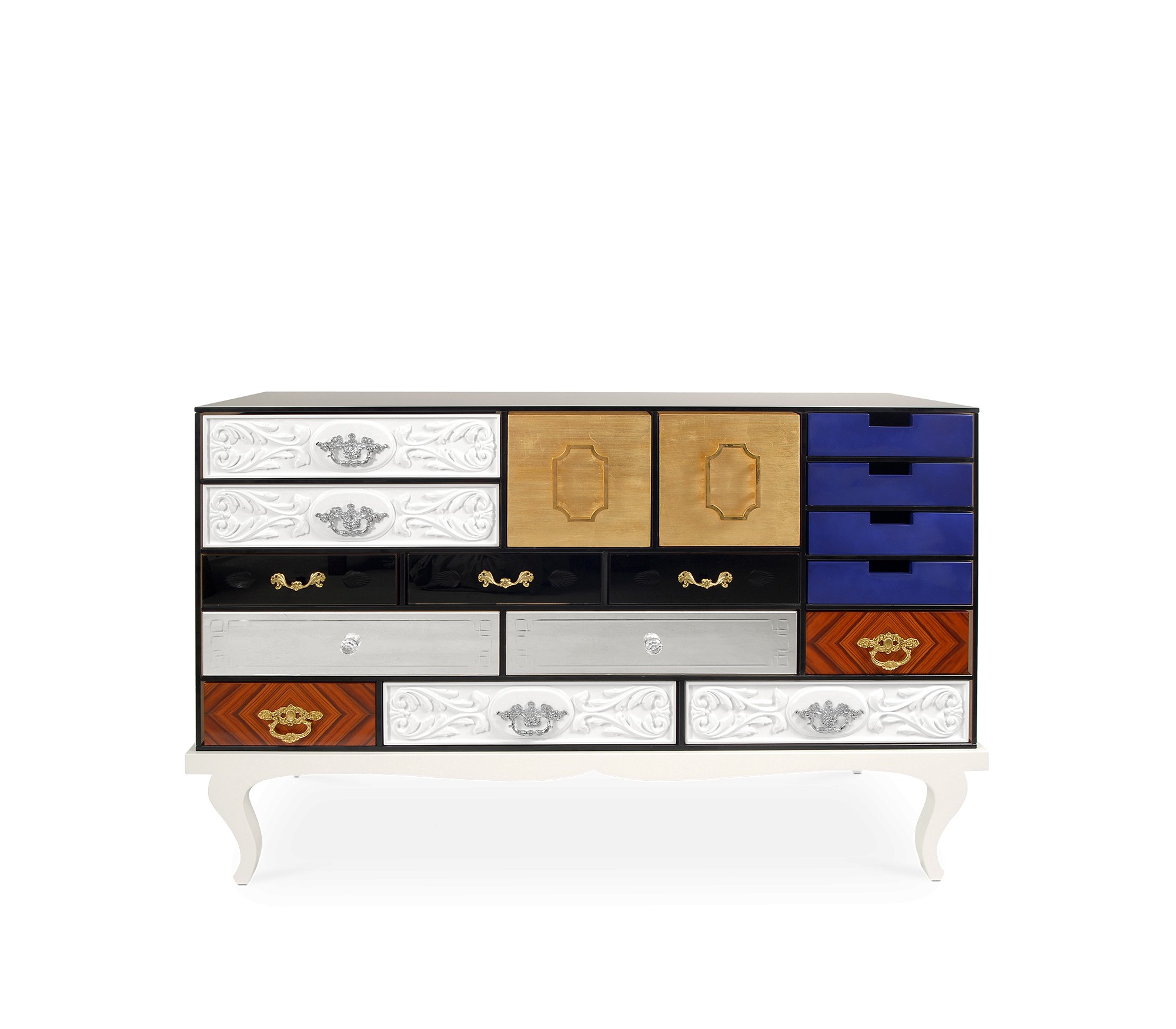 Levně Estila Luxusní moderní komoda Mondrian z lakovaného masivního dřeva s 15ti designovými zásuvkami a dvěma dvířky 140cm