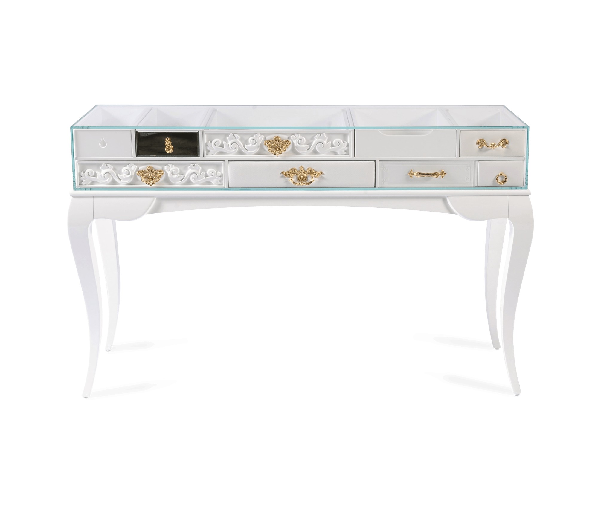 Estila Luxusní bílý konzolový stolek Mondrian z lakovaného masivního dřeva a čirého skla se zlacenými detaily 85 cm
