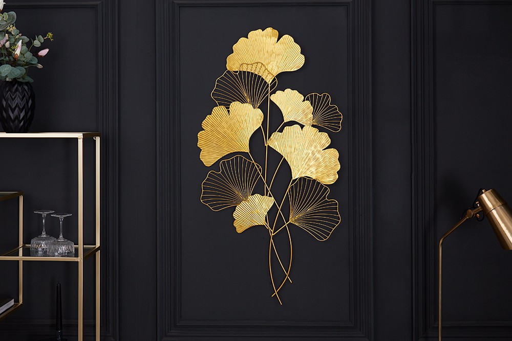 Estila Moderní florální nástěnná kovová dekorace Biloba I zlaté barvy 110cm