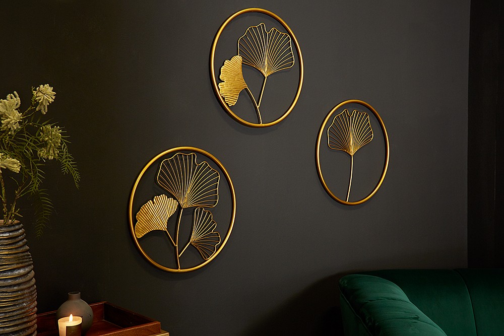 Levně Estila Moderní set florálních kulatých nástěnných kovových dekorací Biloba II zlaté barvy 40cm