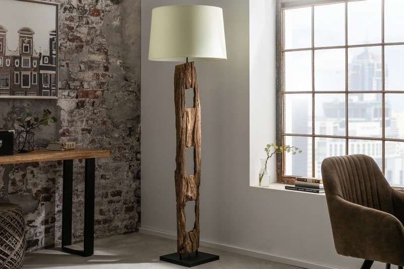Levně Estila Moderní designová stojací lampa Adelise v etno stylu s dřevěnou podstavou as bílým stínítkem 177cm