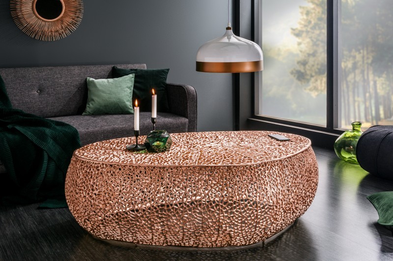 Levně Estila Art-deco moderní konferenční stolek Hoja z kovu v měděné barvě 122cm