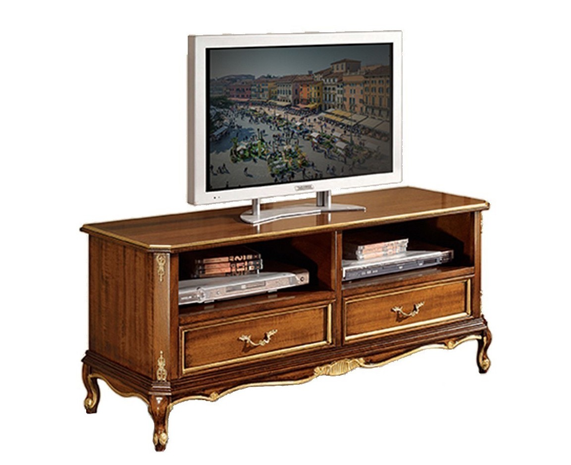 Estila Luxusní klasický TV stolek z masivu s vyřezávanou barokní výzdobou na nožičkách s úložným prostorem 120cm
