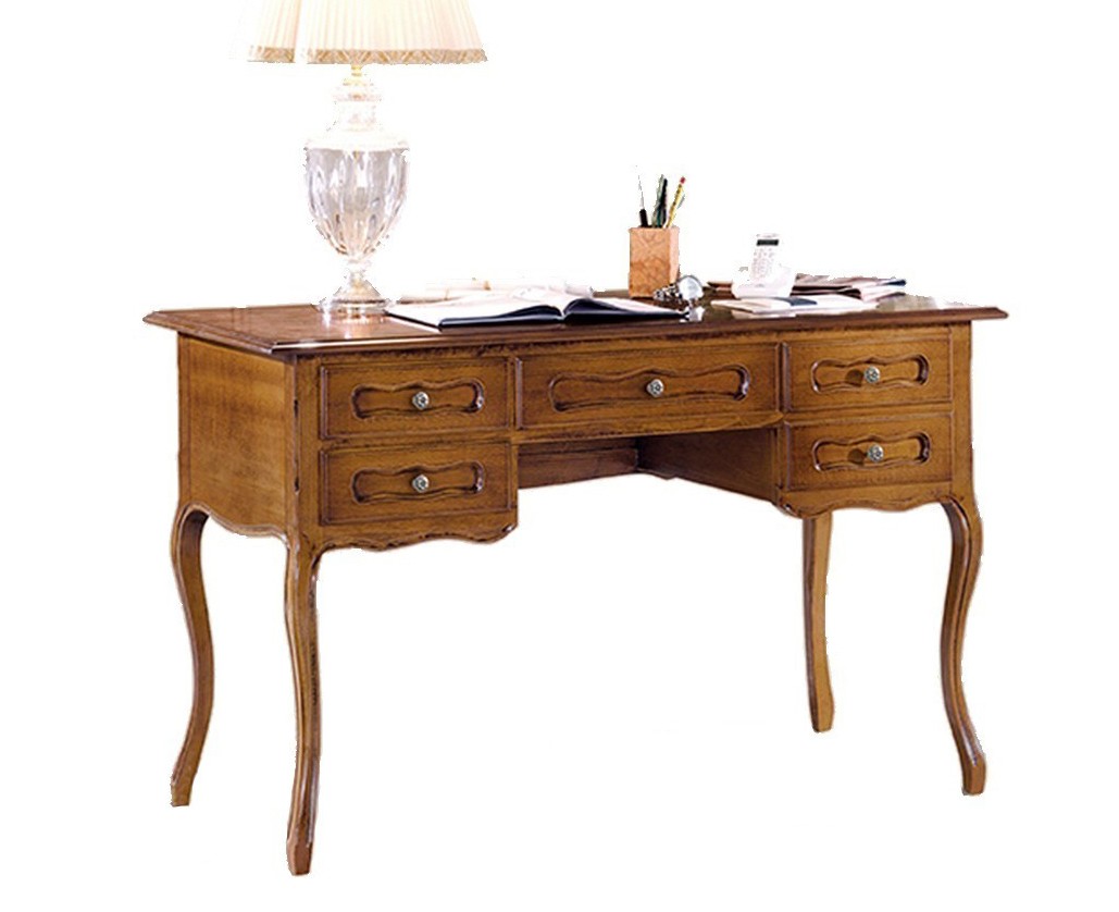 Levně Estila Luxusní rustikální psací stolek Emociones z masivního dřeva s pěti zásuvkami a vyřezávanými nožičkami 130cm