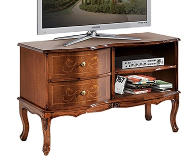 Levně Estila Rustikální luxusní TV stolek Clasica se dvěma šuplíky a poličkami s detailním vyřezáváním 87cm