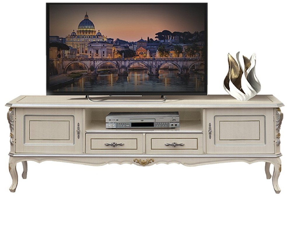 Estila Luxusní klasický TV stolek Clasica z dřevěného masivu s vyřezávanou výzdobou a úložným prostorem na chippendale nožičkách 184cm