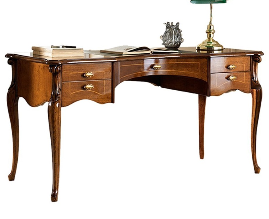 Levně Estila Rustikální luxusní psací stůl Pasiones z masivního dřeva a vyřezávanými nožičkami s pěti zásuvkami 150cm